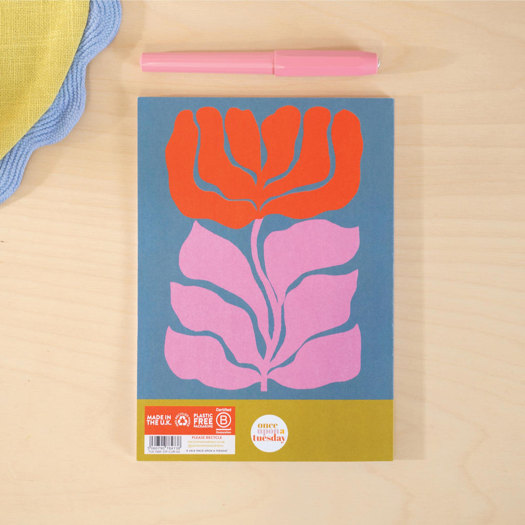 a5 lined notebook. 100% recycled paper notebook. made in the UK. bold, colourful, floral