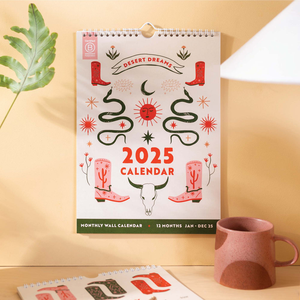 2025 calendar. A4 planner. western inspired. cowboys. cowboy boots. recycled paper calendar. stationery made in the UK.