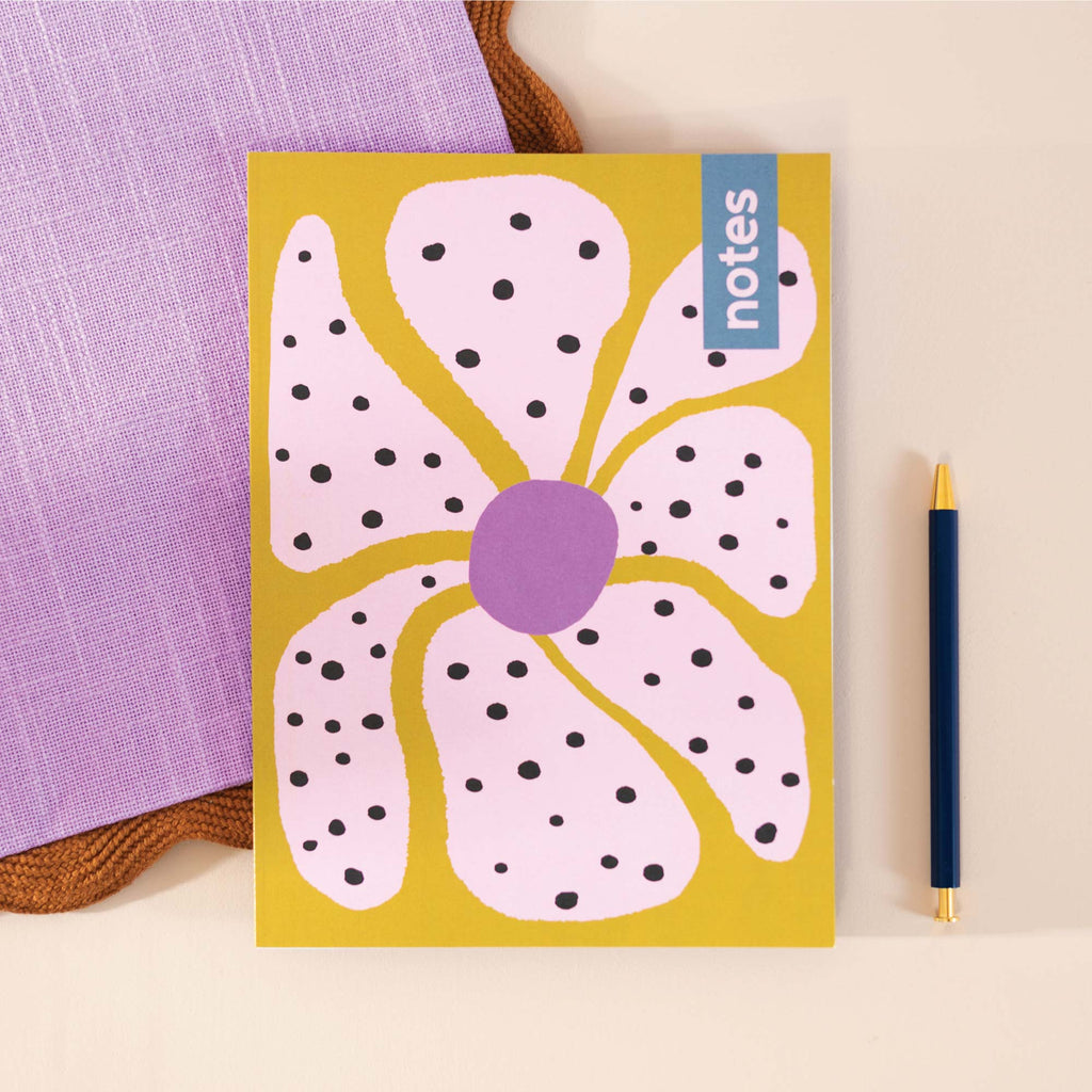 a5 lined notebook. 100% recycled paper notebook. made in the UK. bold, colourful, floral