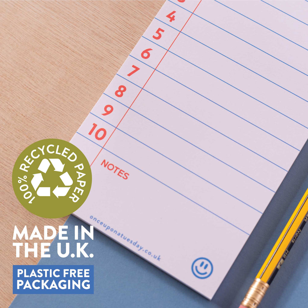 slim, compact to do list. blue and red. school day. back to school. recycled paper. made in the UK.