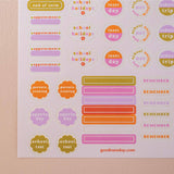 two sheets of family calendar planner stickers. Use on your calendar, wall planner, or in your diary. 100% Recycled Paper. Made in the UK.