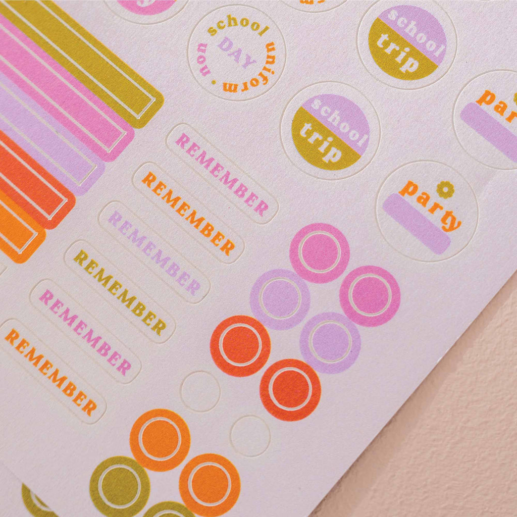 two sheets of family calendar planner stickers. Use on your calendar, wall planner, or in your diary. 100% Recycled Paper. Made in the UK.