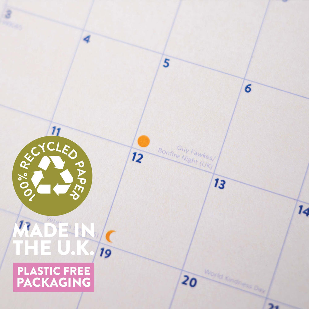 2025 calendar. A4 planner. Bold colours. recycled paper calendar. stationery made in the UK.