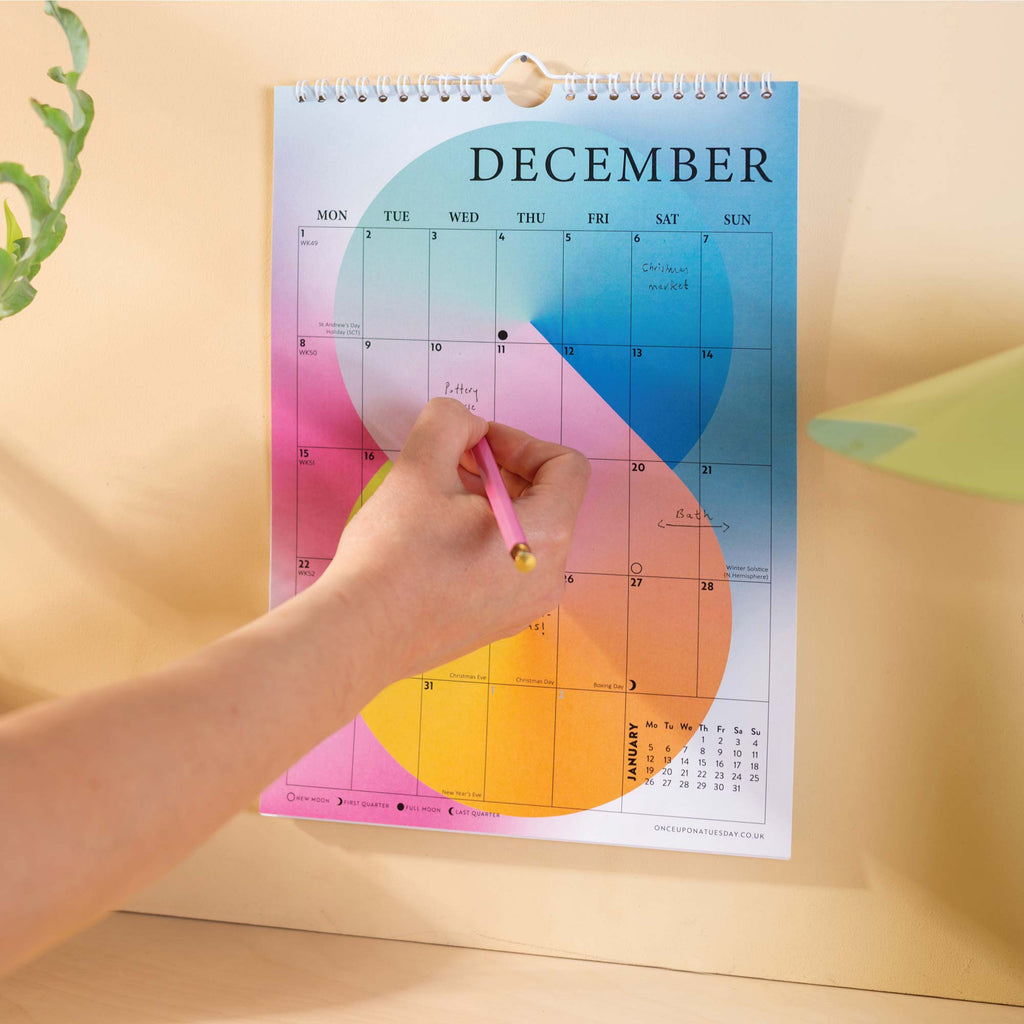 2025, A4 hanging wall calendar in our gradient grid design. 100% recycled paper. Made in the UK.