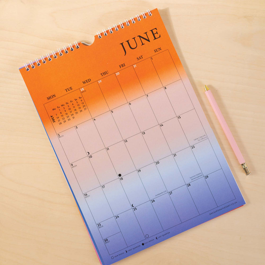 2025, A4 hanging wall calendar in our gradient grid design. 100% recycled paper. Made in the UK.