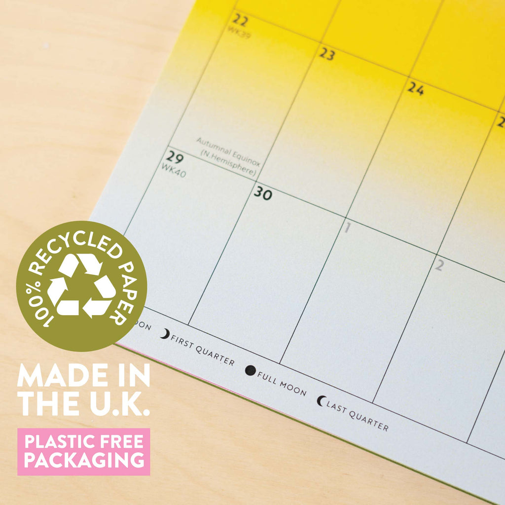 2025, A4 hanging wall calendar in our gradient grid design. 100% recycled paper. Made in the UK.