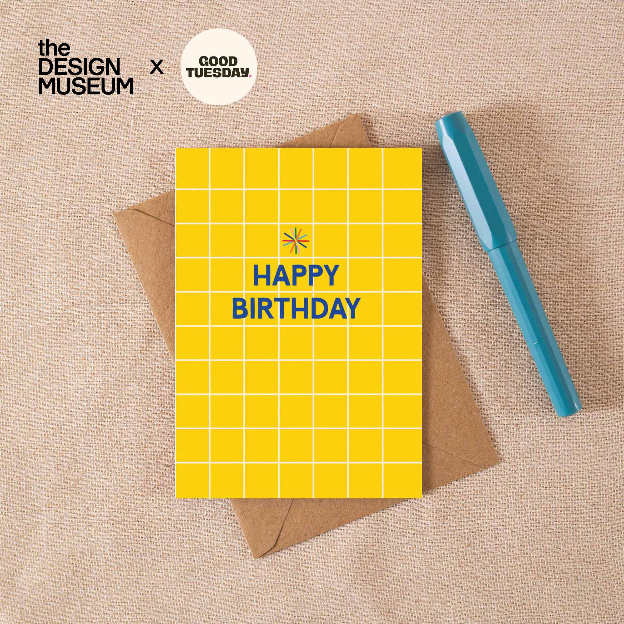 Gridded Design Museum birthday card, A6, yellow simplistic grid design