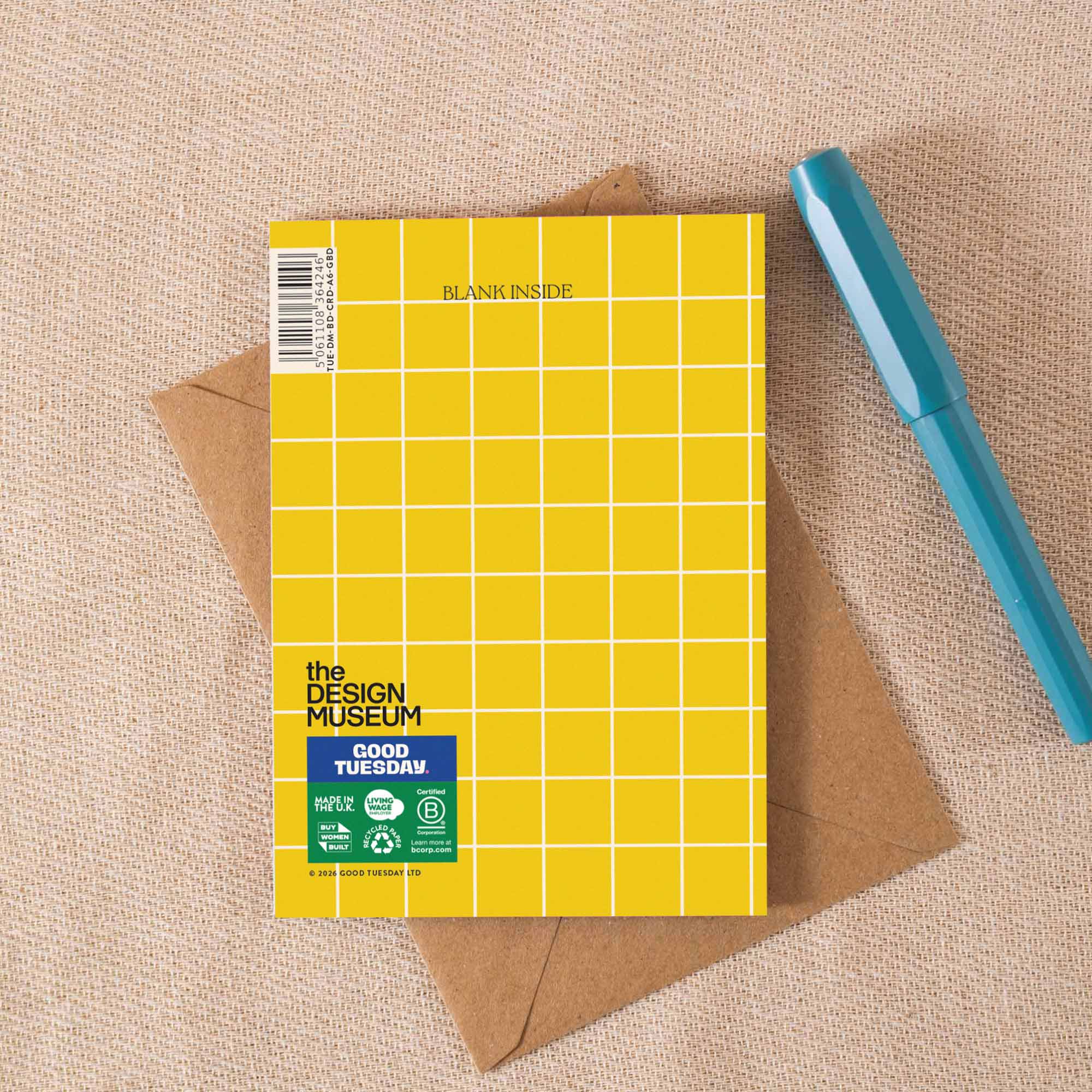 Gridded Design Museum birthday card, blank inside, with recycled kraft envelope