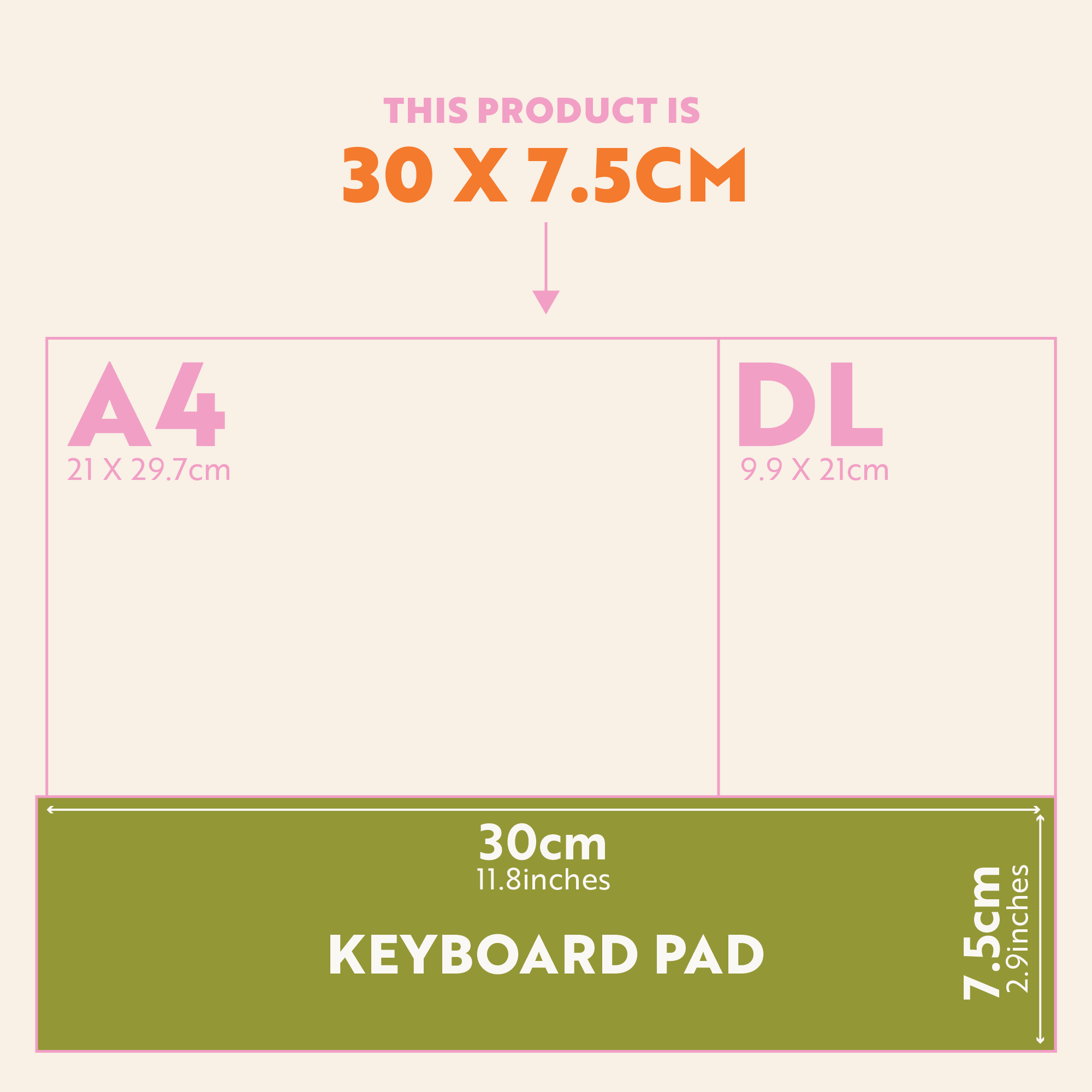 Size guide for the Design Museum Keyboard Weekly Planner Pad, Bold Block, showing dimensions 30 x 7.5cm (11.8 x 3 inches)