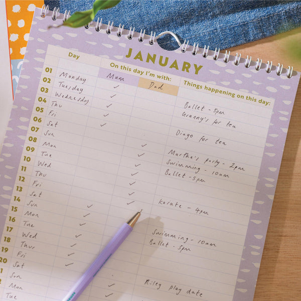 undated calendar. co parenting calendar. calendar for kids. A4 hanging planner. recycled paper. made in the UK.