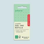 Pack of erasable gel ink refills with 'inkerie' branding on a light blue background