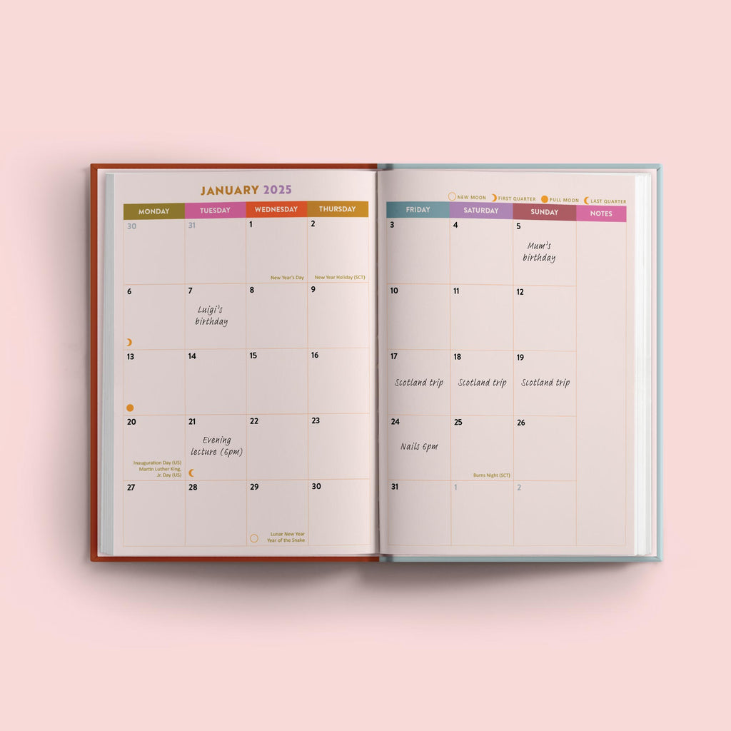 2025 week to view planner. annual diary. 100% recycled paper. made in the UK.