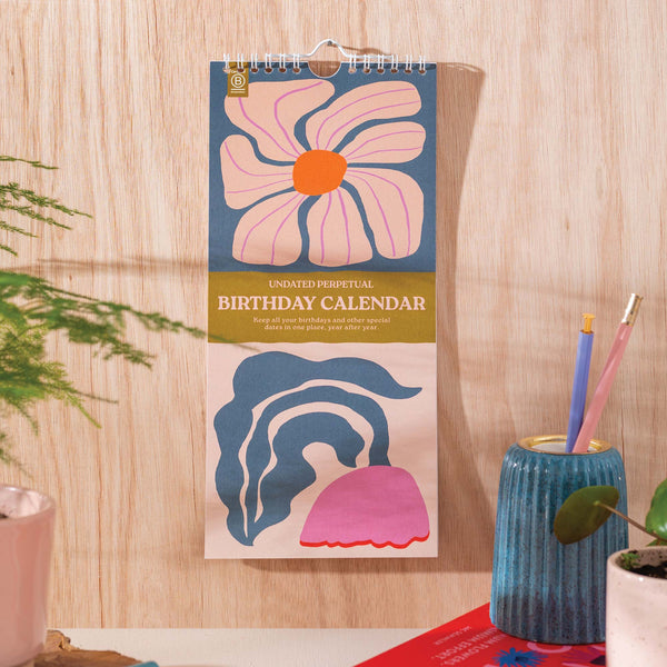 Perpetual birthday calendar, undated, floral illustrated planner. Eco-conscious calendar