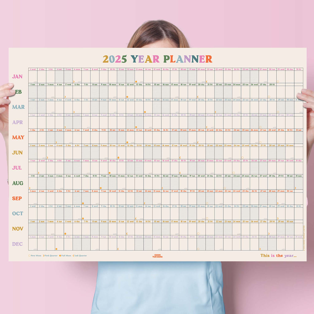 2025 year to view colourful wall planner. 100% recycled paper. home planner. wfh calendar. work planner.