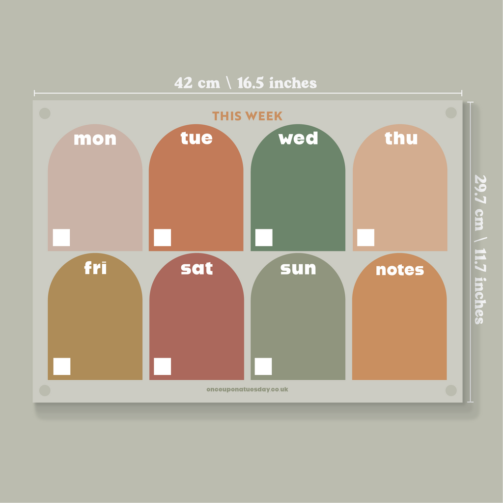 A4 landscape wipeable acrylic weekly planner in muted arches. 100% Greencast Recycled Acrylic. Design and printed in the UK.