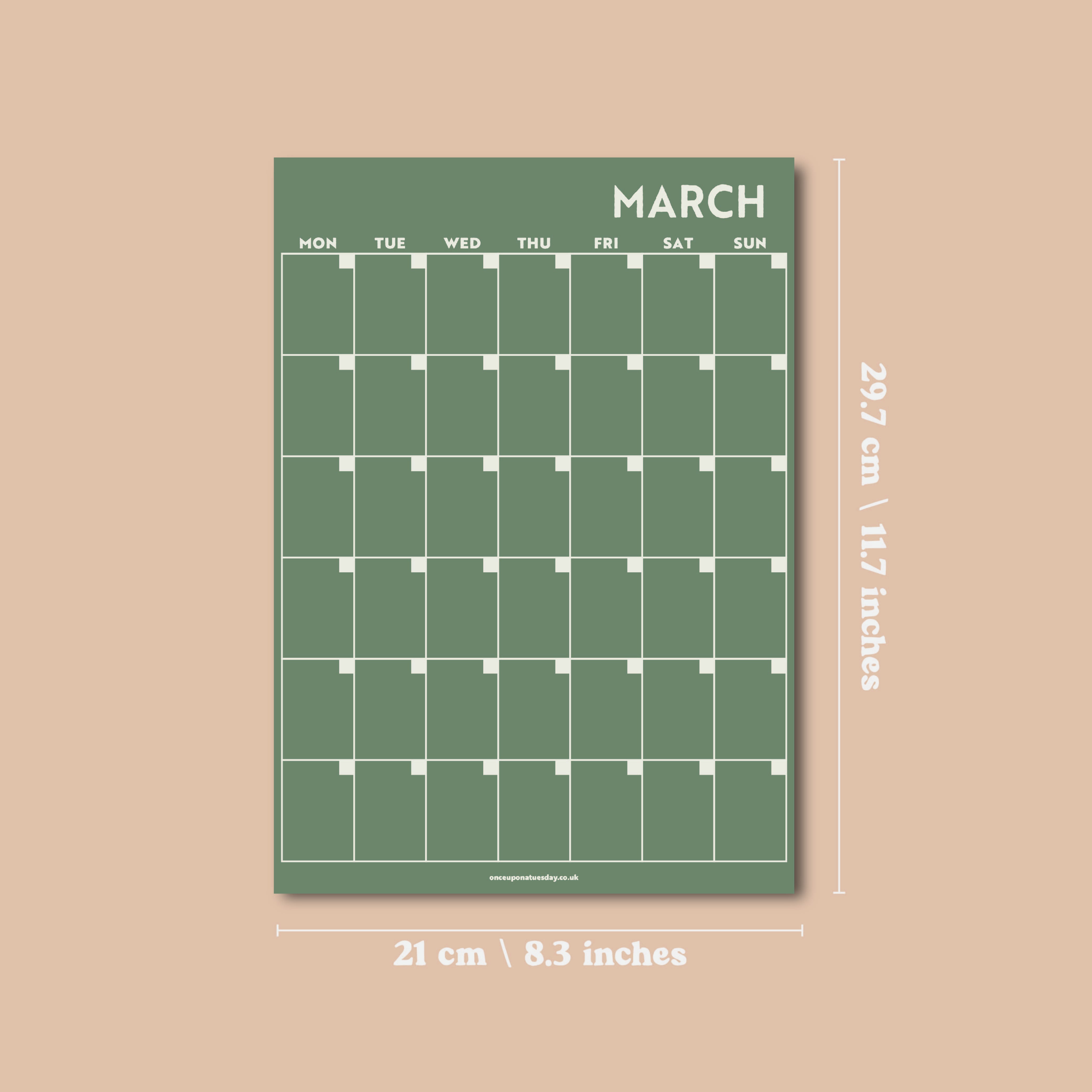 Undated A4 Wall Calendar - 12 separate monthly pages in a muted colour palette. 100% Recycled Paper, Made in the UK.