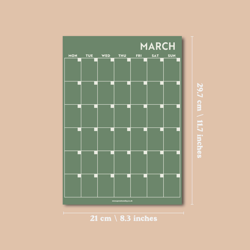 Undated A4 Wall Calendar - 12 separate monthly pages in a muted colour palette. 100% Recycled Paper, Made in the UK.