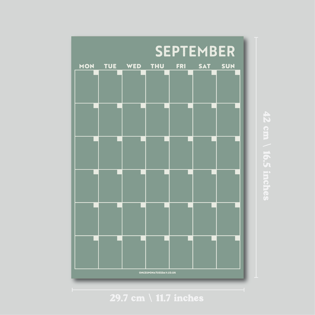 Undated A3 Wall Calendar - 12 seperate monthly pages in a surf inspired colour palette. 100% Recycled Paper, Made in the UK.