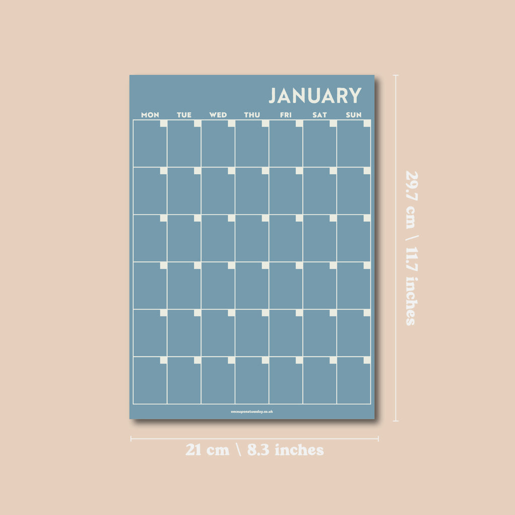 12 page wall planner. 12 months. undated. start any time. A4, compact planner. 100% recycled paper. Made in the UK. Blues and Greens