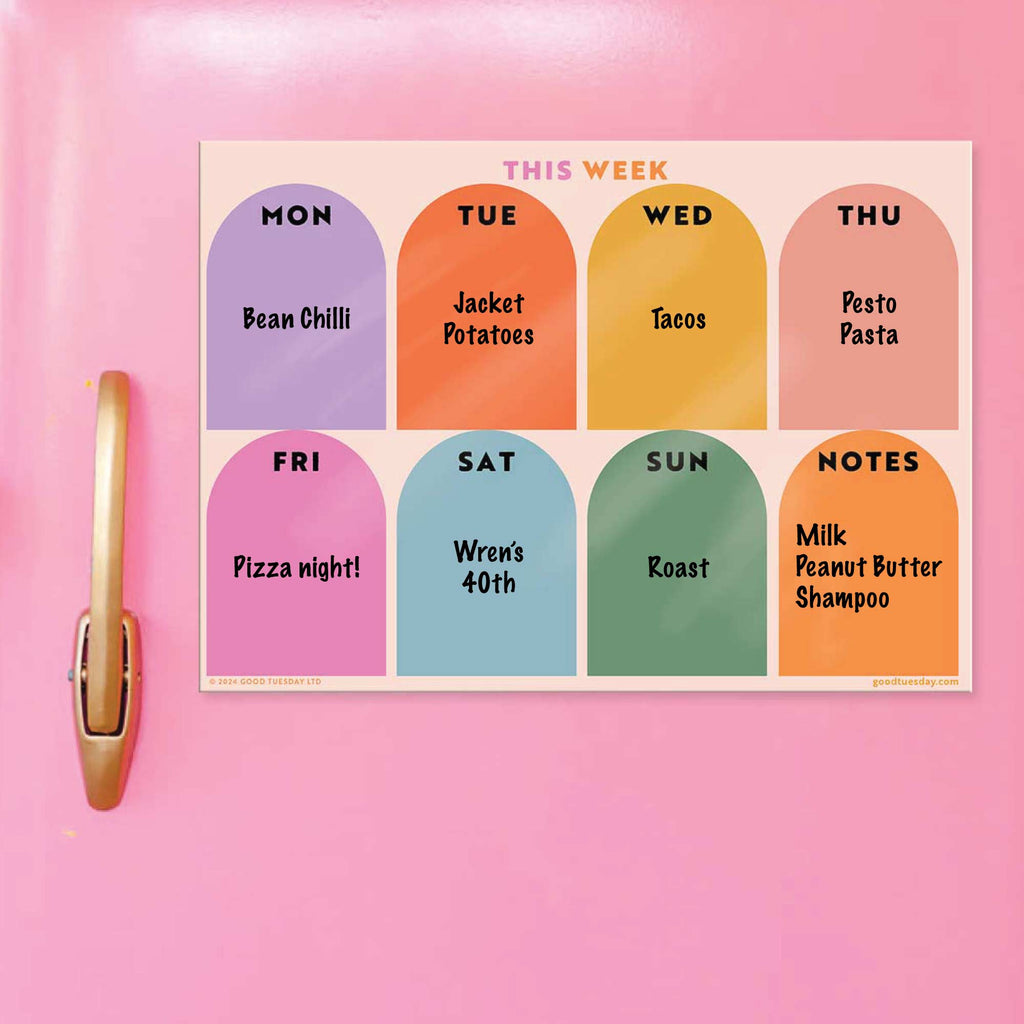 Large A3 Magnetic Weekly Planner with Rainbow Arches Design – Reusable fridge magnet planner for schedules, meals, and routines. Designed and printed in the UK.