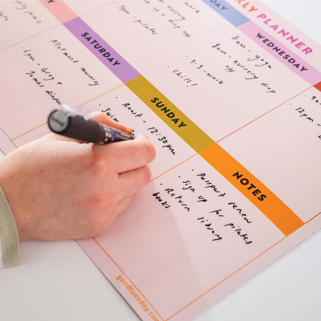 Large A3 Magnetic Weekly Planner with Rainbow Grid – Reusable fridge magnet planner for meal plans, events, and appointments. Designed and printed in the UK.