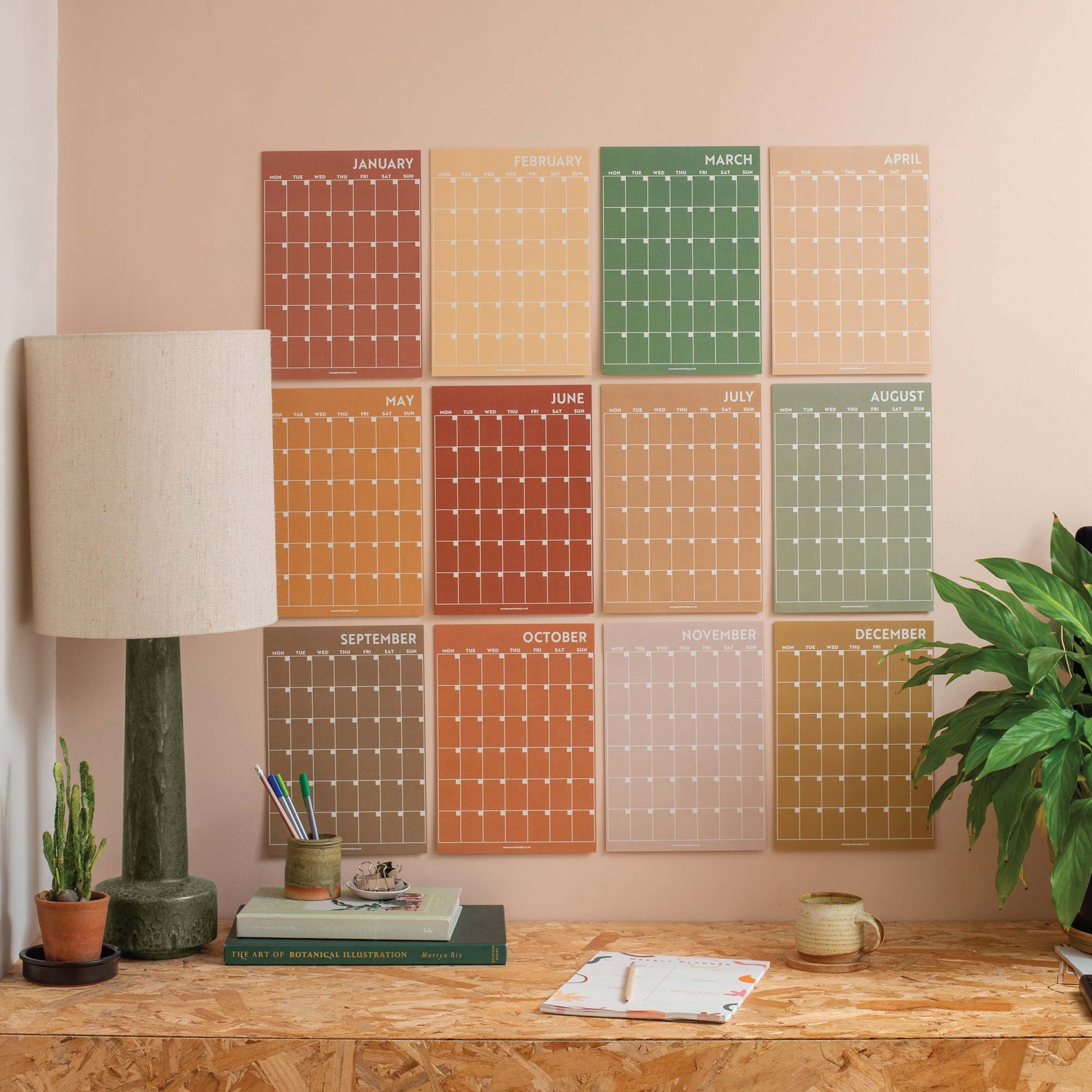 A4 Monthly Undated Wall Planner 12 Pages Muted