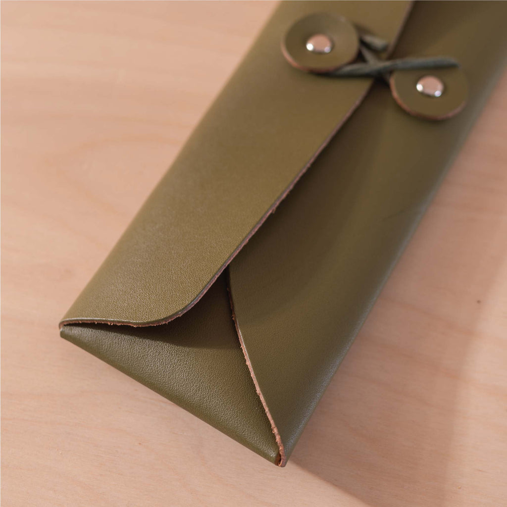 recycled leather pencil case with tie. Handmade in the UK