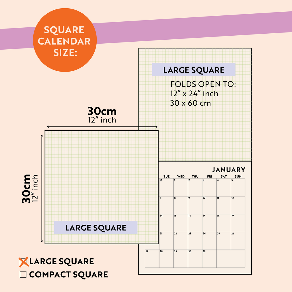 2025 large square calendar. Art planner. illustrated calendar. 100% recycled paper. Made in the UK.