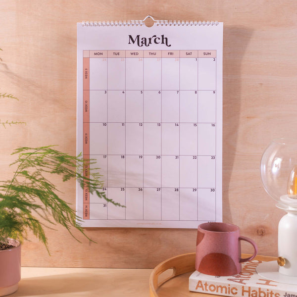 A3 2025 12 month calendar. peachy. minimalist aesthetic.