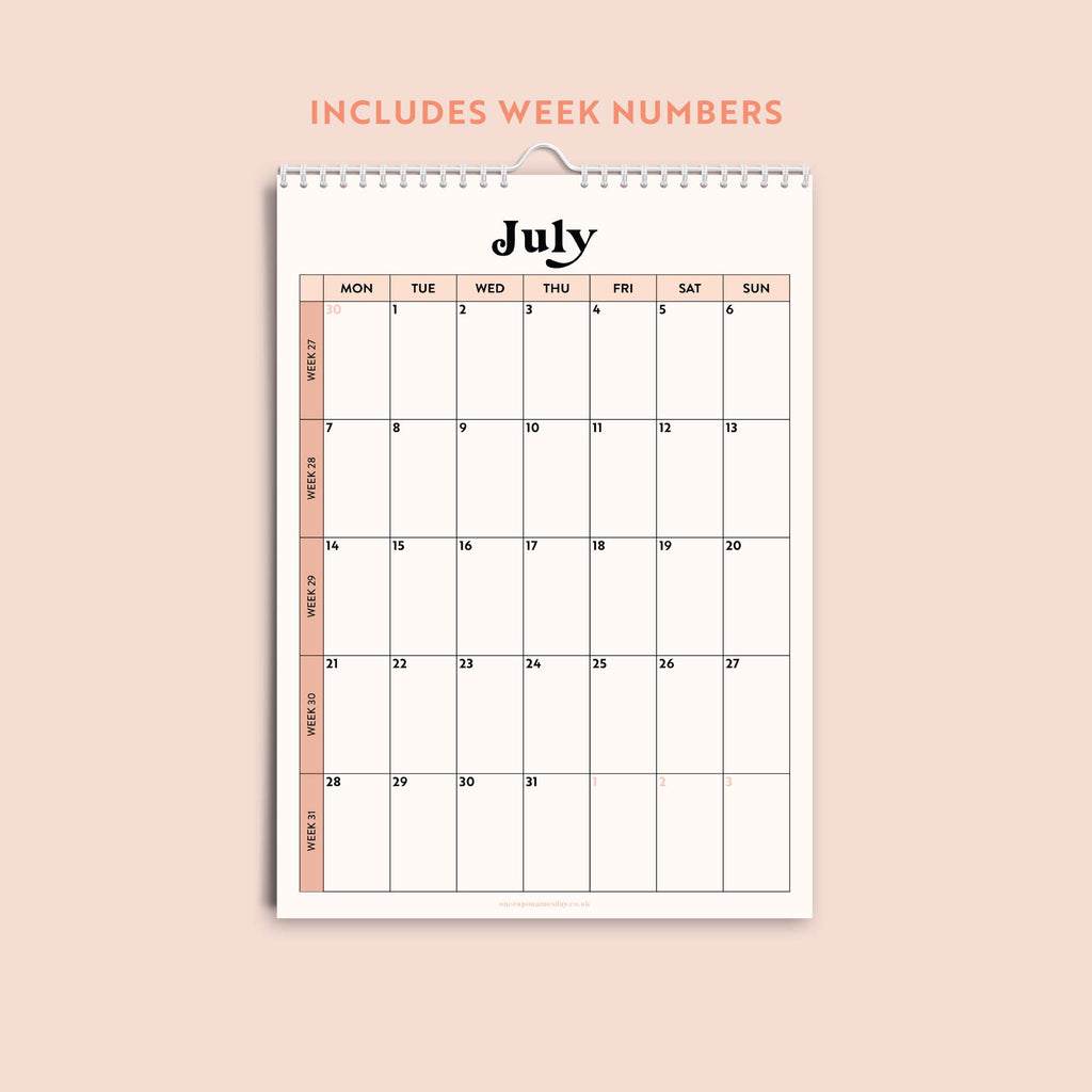 A3 2025 12 month calendar. peachy. minimalist aesthetic.