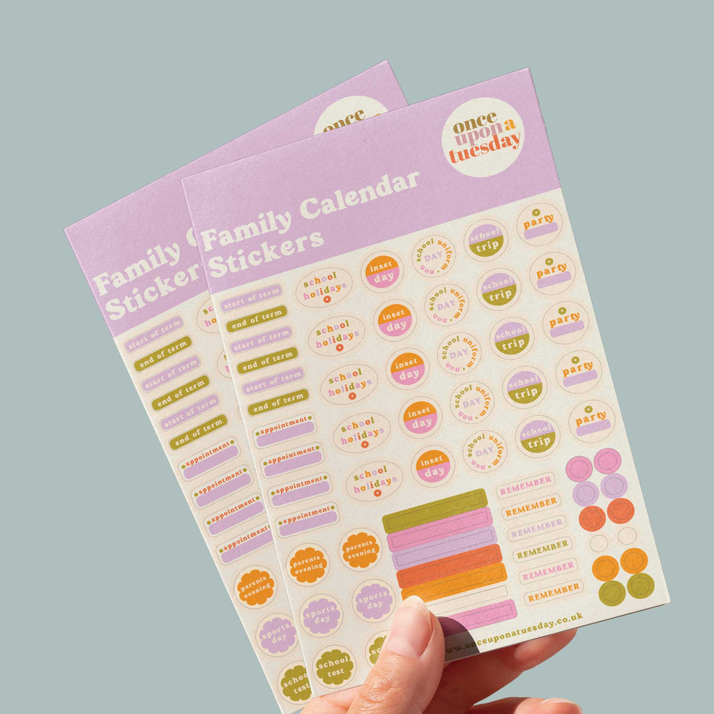 One sheet of family calendar planner stickers. Use on your calendar, wall planner, or in your diary. 100% Recycled Paper. Made in the UK.