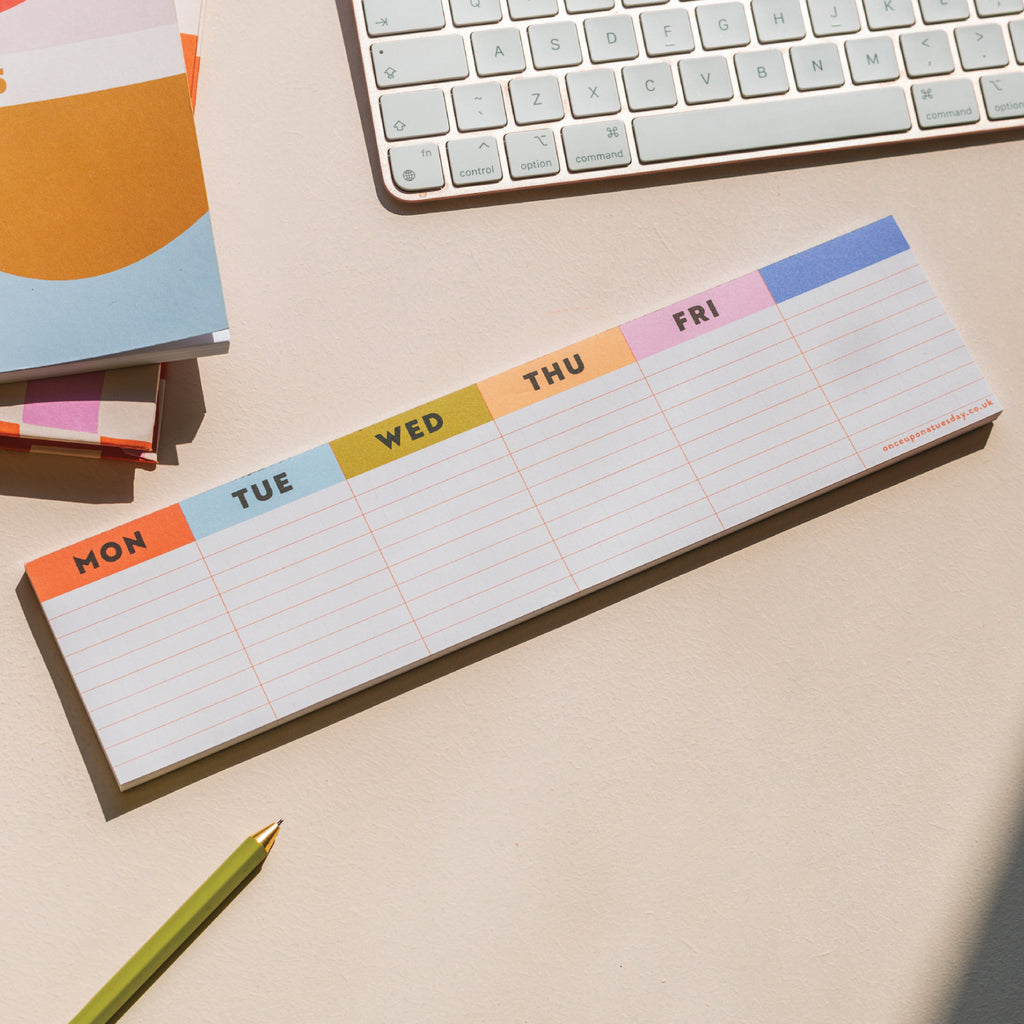 Colourful Grid Weekly Keyboard Planner Pad. 30x7.5cm. 100% Recycled Paper. Made in the UK.