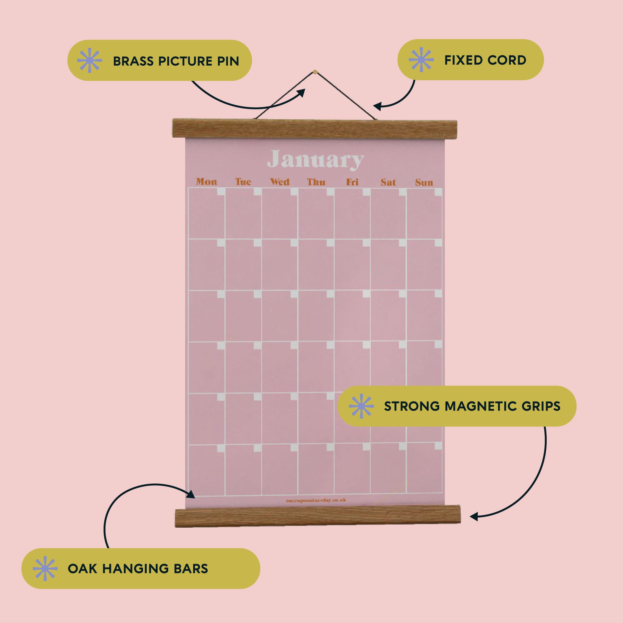 Oak wall planner magnetic hanger, A3, magnetic strips, string hanger