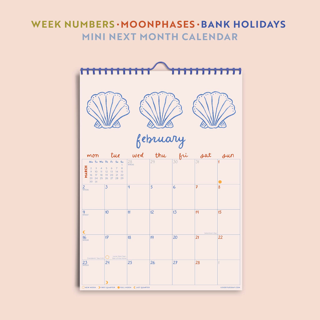 Close-up of 2025–2026 Academic Calendar Layout – Ocean Inspired Artwork, Monday Start Grid, Recycled Paper