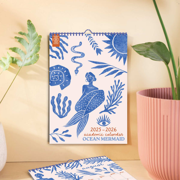 2025–2026 Academic Wall Calendar A4 Cover – Ocean Mermaid Design, Recycled Paper, UK Printed