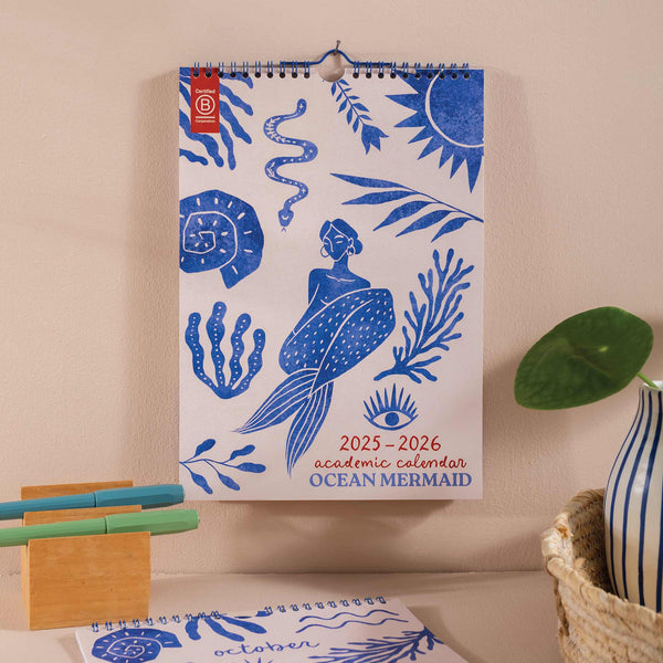 2025–2026 Academic Wall Calendar A4 Cover – Ocean Mermaid Design, Recycled Paper, UK Printed