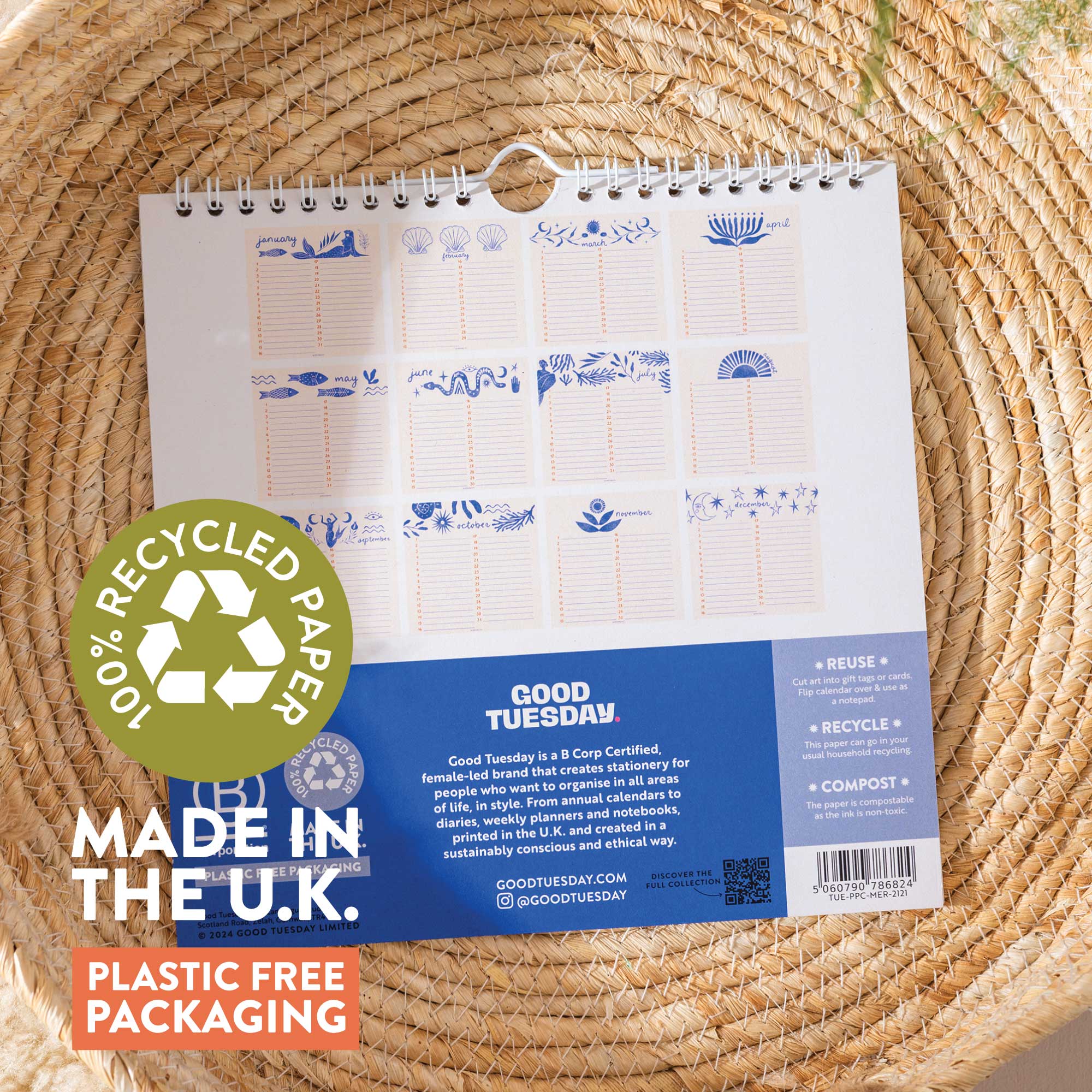 Undated perpetual birthday calendar featuring cobalt blue mermaid and ocean-inspired illustrations, perfect for birthdays and anniversaries.