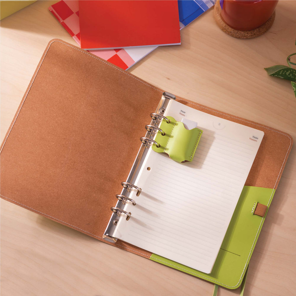 A5 filofax style refillable binder made from recycled leather. handmade in the UK.