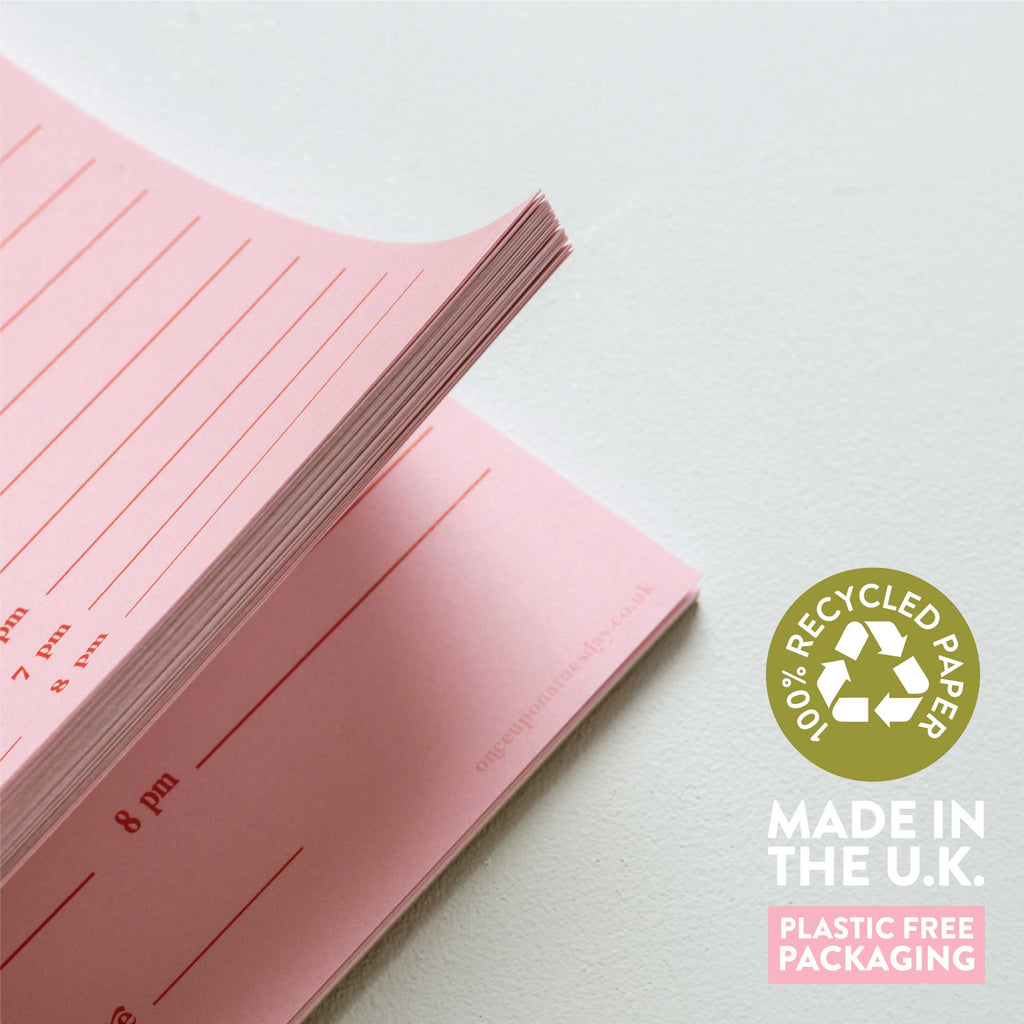 a5 daily planner pad with time blocking and to do list. 100% recycled paper. made in the UK.