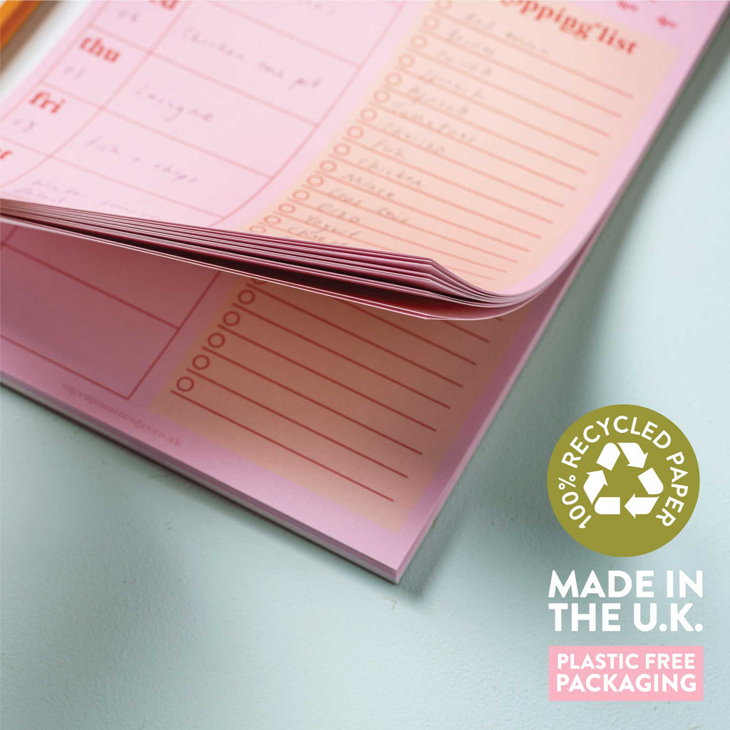 A5 Meal Planner and Shopping List. Pink & Red A5 Planner Pad. Ideal for planning a week of meals and preparing your shopping list.