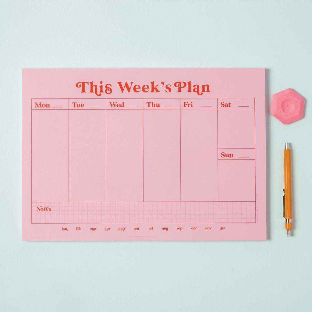 a4 vertical weekly planner in pink and red. 100% recycled paper. made in the UK.