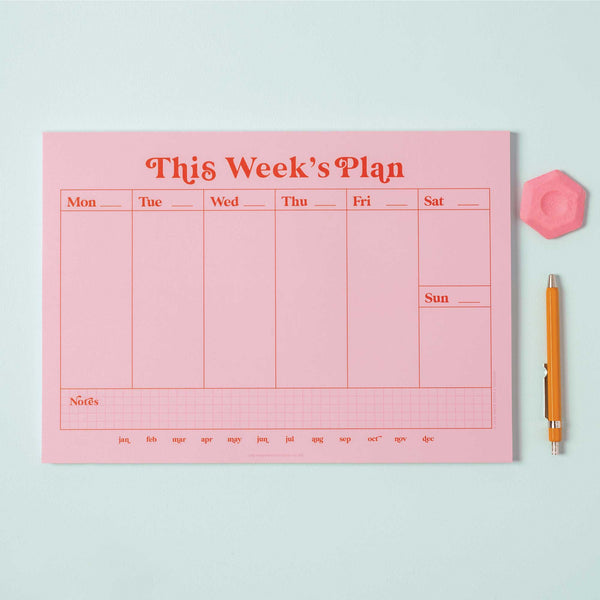 a4 vertical weekly planner in pink and red. 100% recycled paper. made in the UK. Magnetic Planner. Magnet Meal Planner. as featured by Drew Barrymore