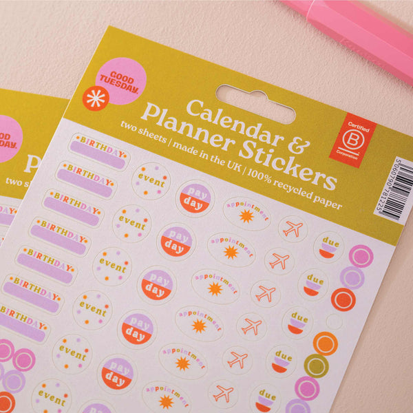 Two sheets of planner and calendar stickers. Use on your calendar, wall planner, or in your diary. 100% Recycled Paper. Made in the UK.