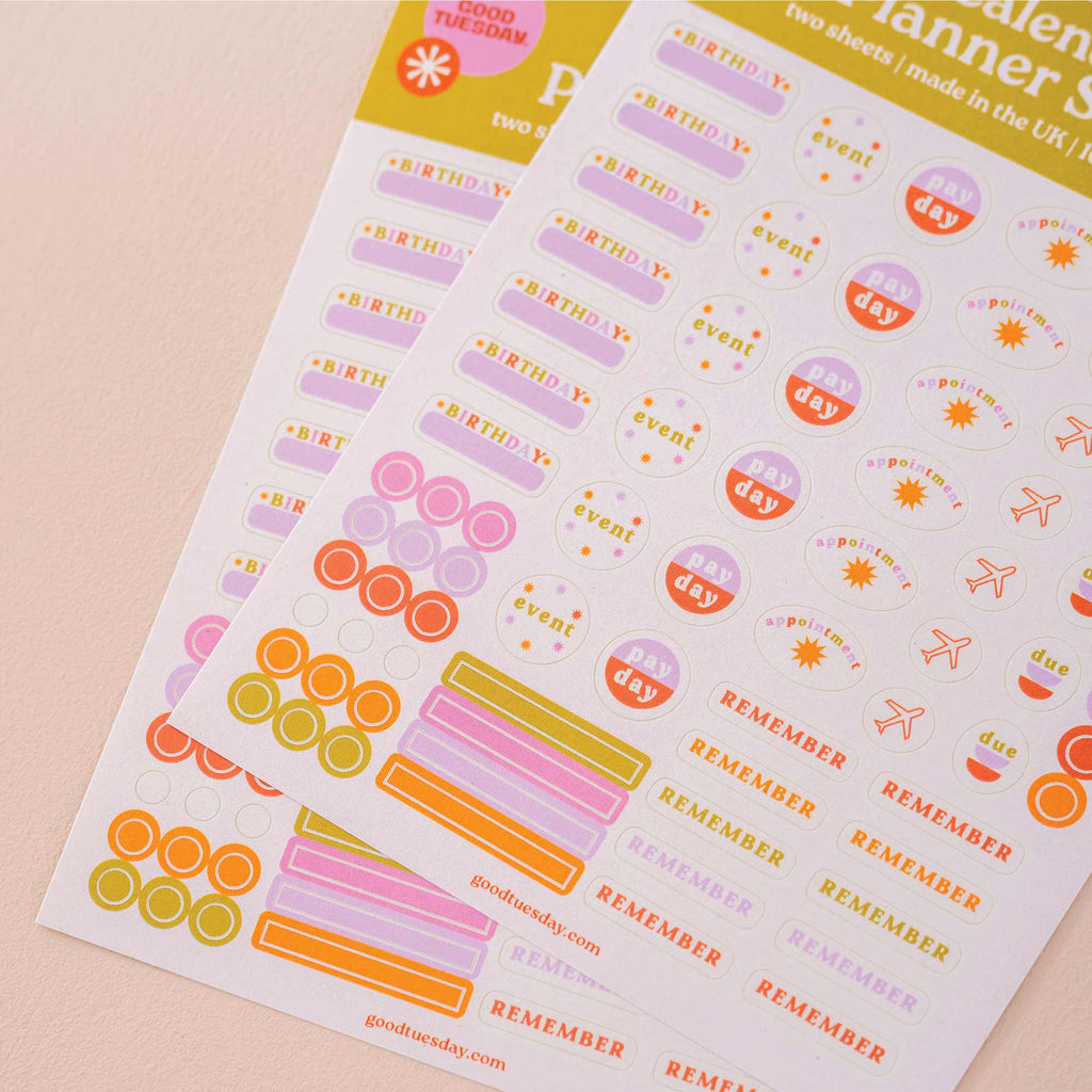 Two sheets of planner and calendar stickers. Use on your calendar, wall planner, or in your diary. 100% Recycled Paper. Made in the UK.