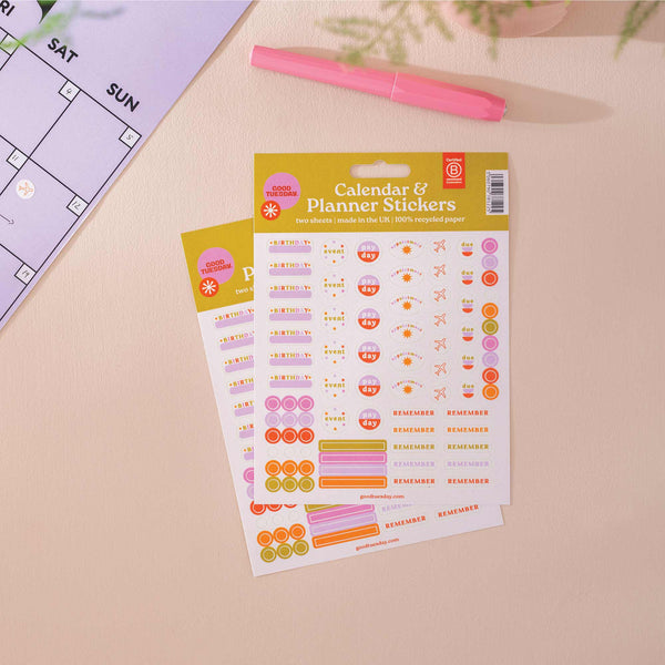 Two sheets of planner and calendar stickers. Use on your calendar, wall planner, or in your diary. 100% Recycled Paper. Made in the UK.