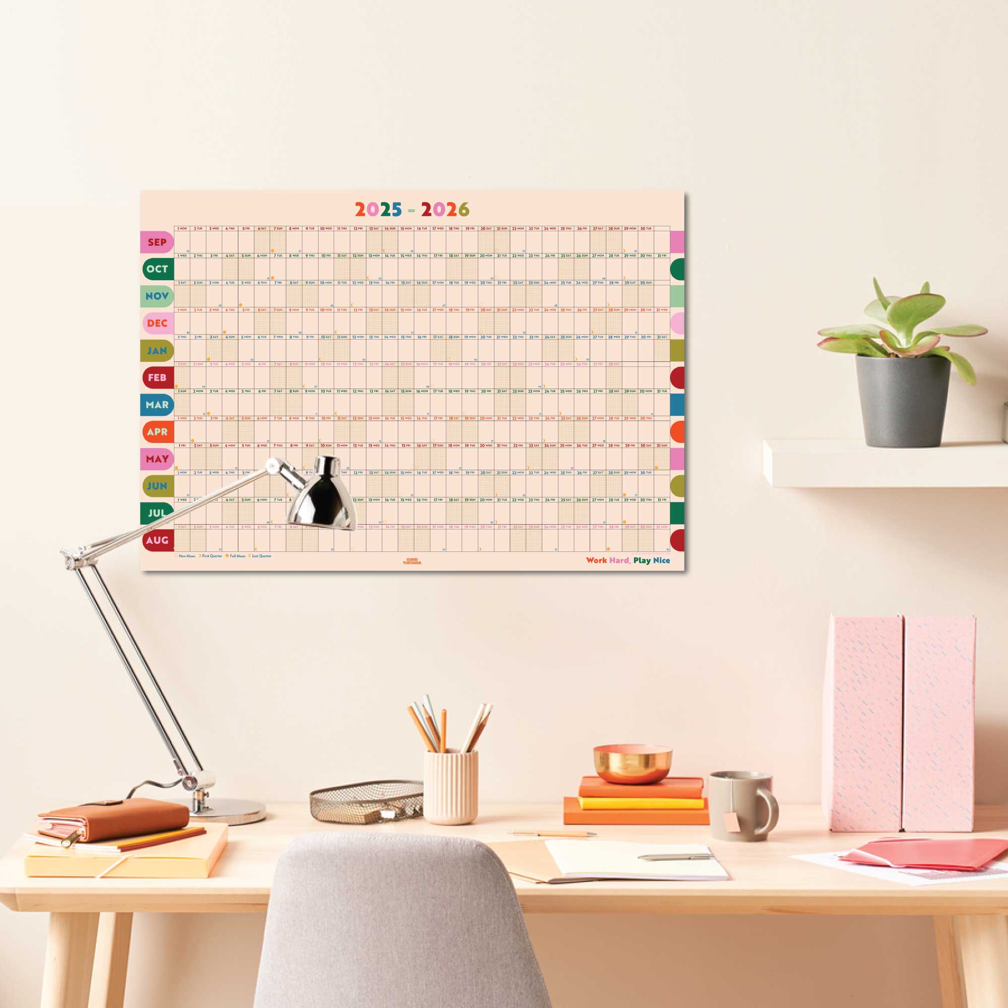 Bright, spacious planner layout displayed above a desk