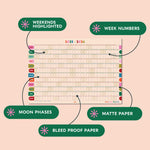 Playful academic planner with moon phases and week numbers included