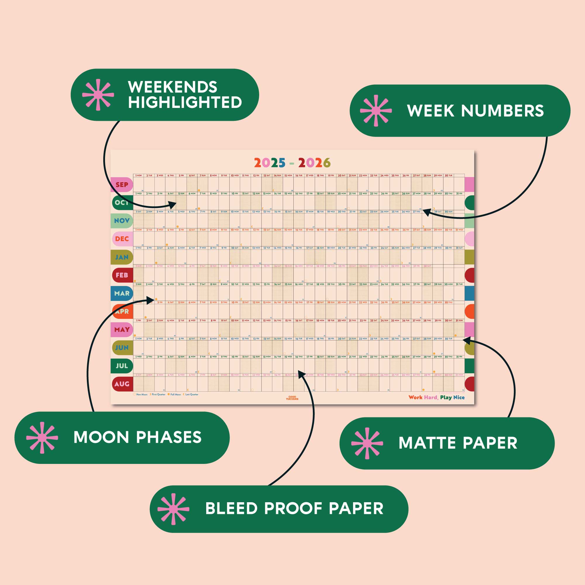 Playful academic planner with moon phases and week numbers included