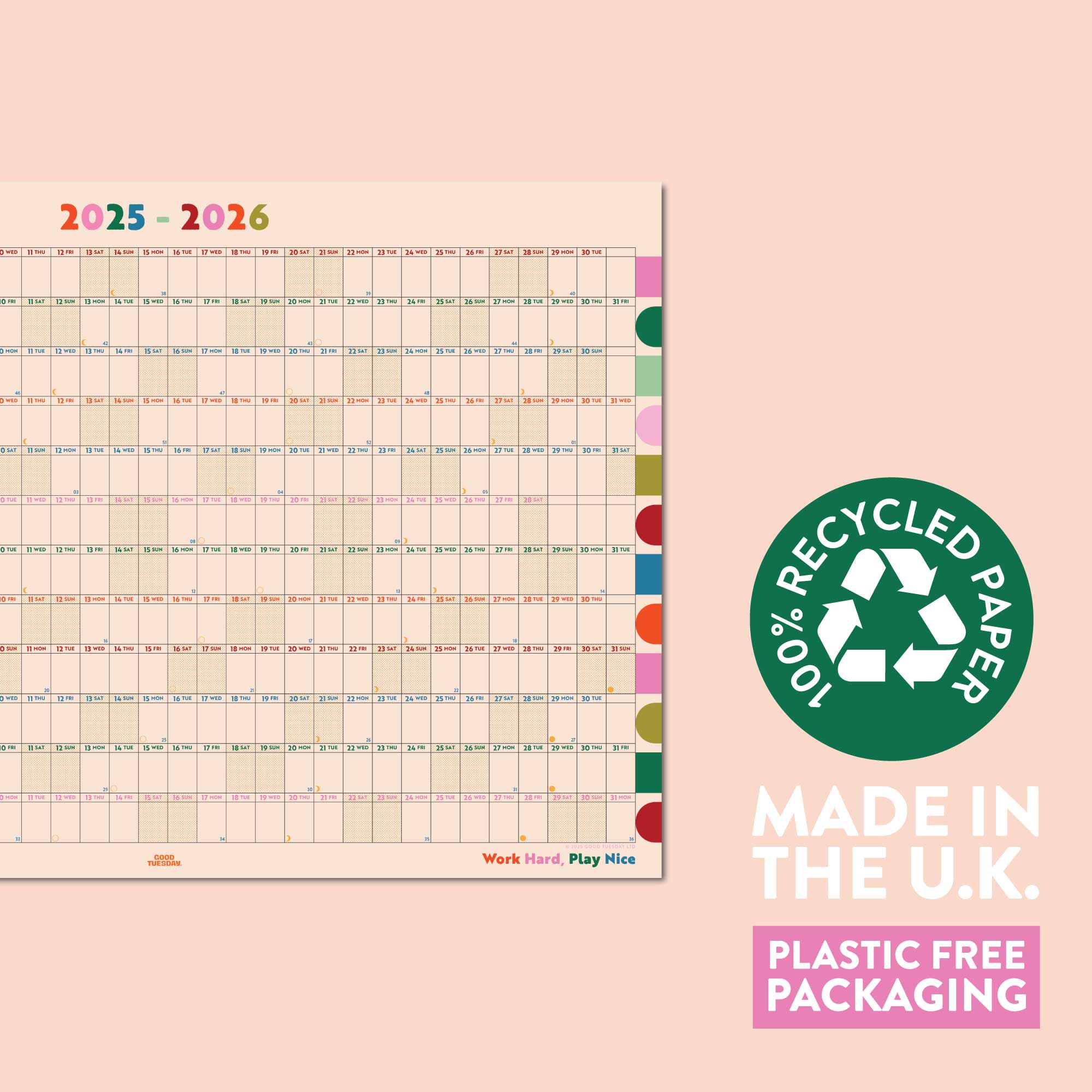 Close-up of recycled paper planner with large date boxes and soft tones