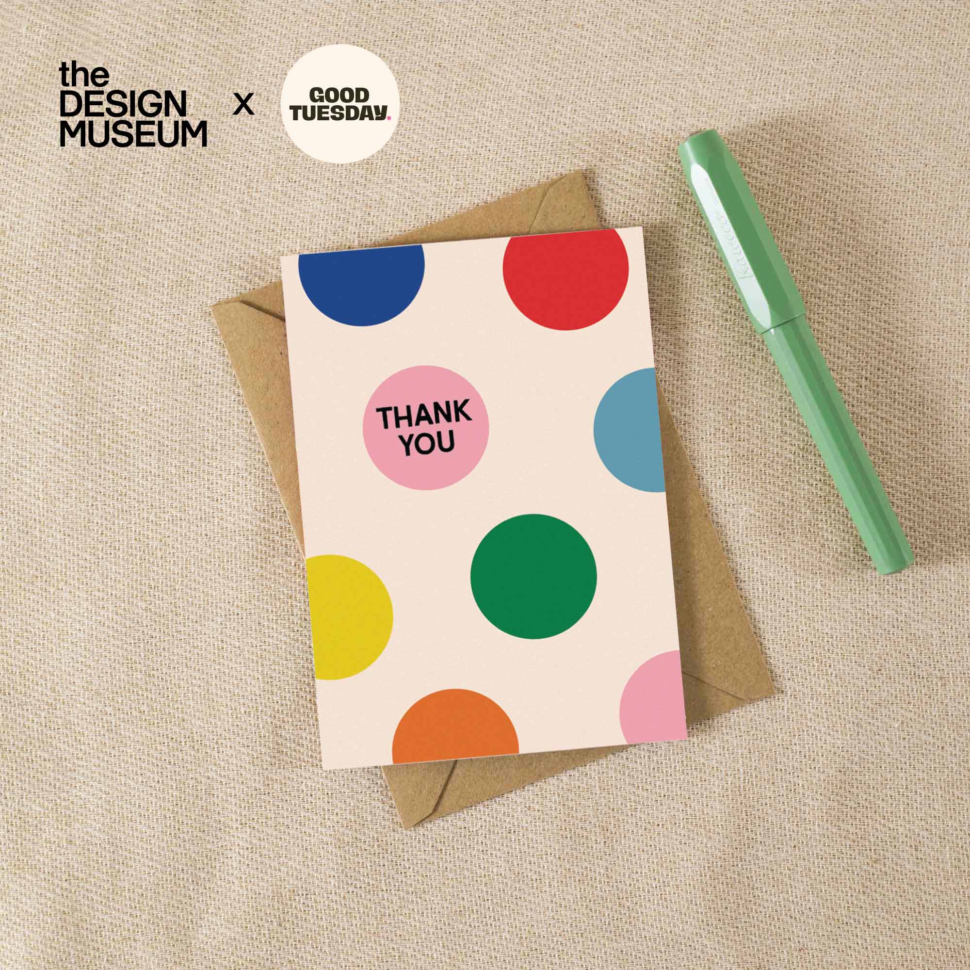 Polka Design Museum Thank You Card, A6, primary-coloured polka dots